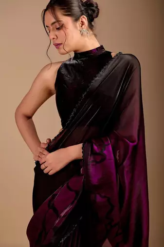 Black floral sequinned organza saree