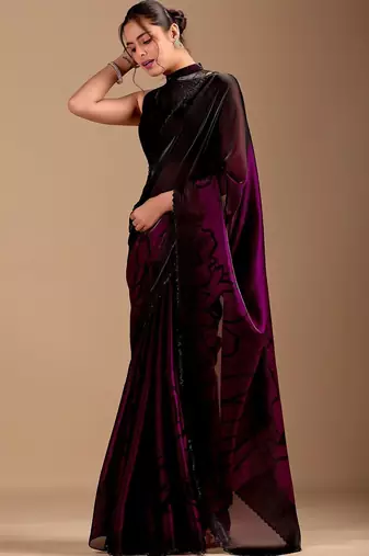 Black floral sequinned organza saree