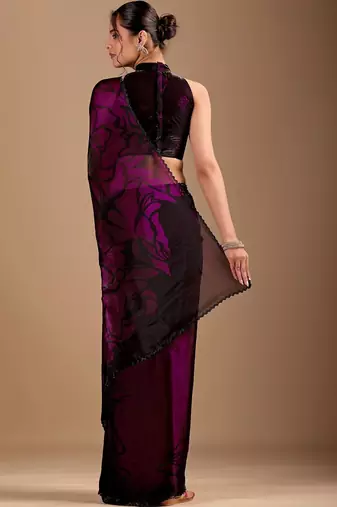 Black floral sequinned organza saree