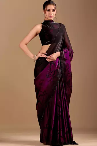 Black floral sequinned organza saree