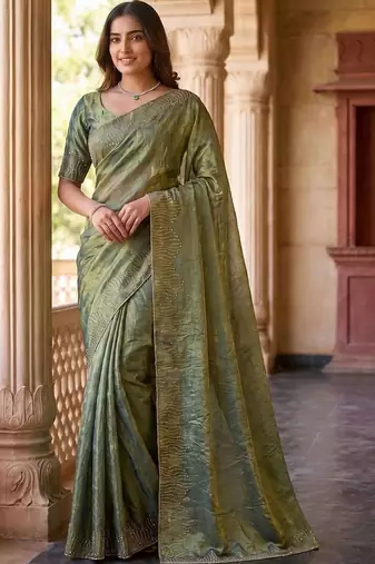 Olive embroidered organza saree