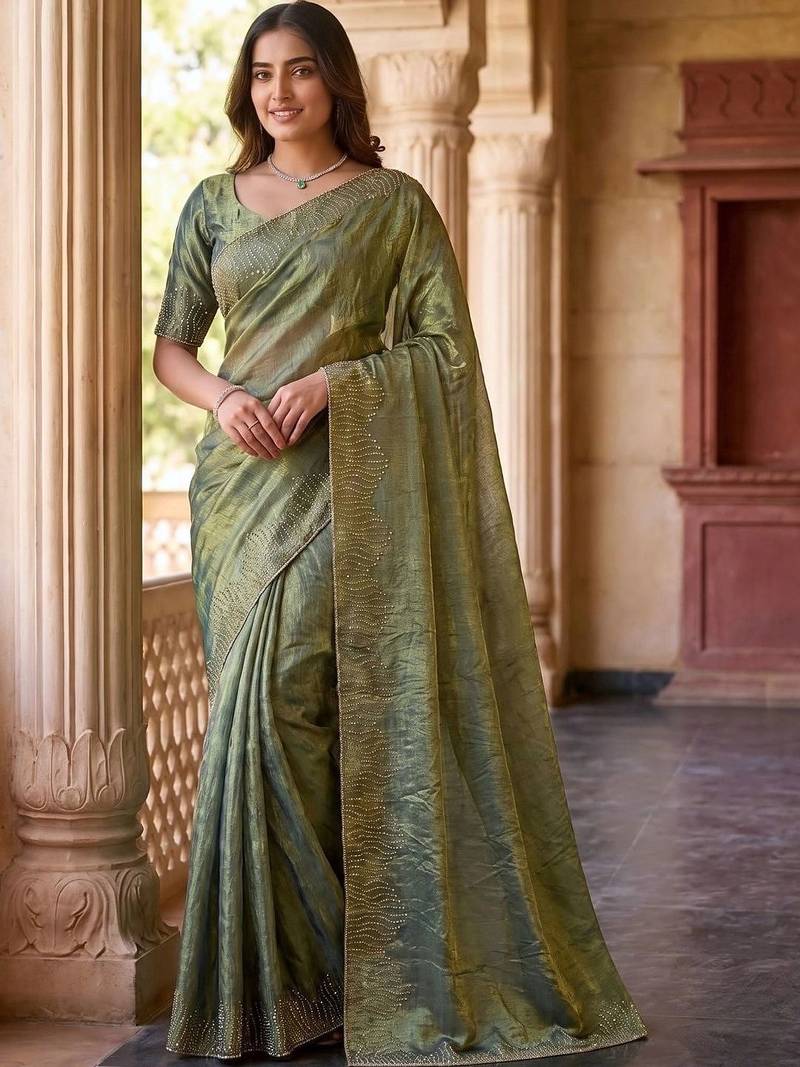 Olive embroidered organza saree