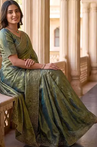 Olive embroidered organza saree