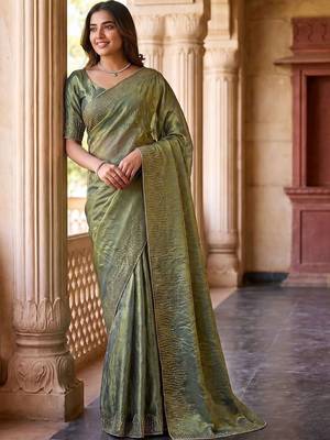 Olive embroidered organza saree 3