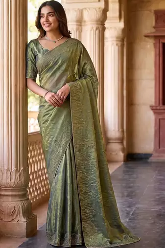 Olive embroidered organza saree