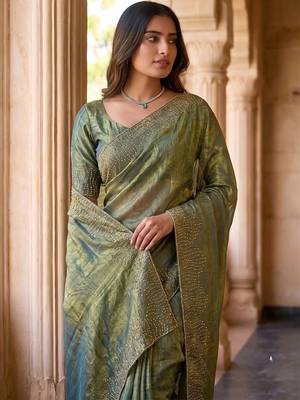 Olive embroidered organza saree 4