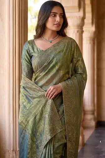 Olive embroidered organza saree
