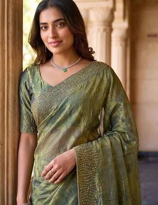 Olive embroidered organza saree 5
