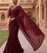 Maroon polka dot beads and stones organza designer saree