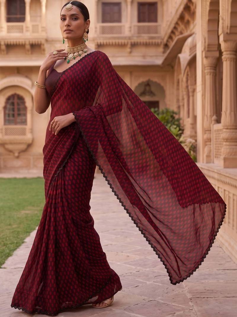 Maroon polka dot beads and stones organza designer saree