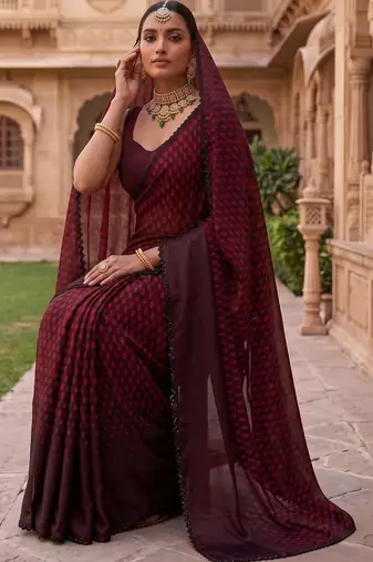 Maroon polka dot beads and stones organza designer saree