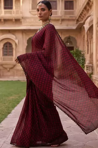 Maroon polka dot beads and stones organza designer saree