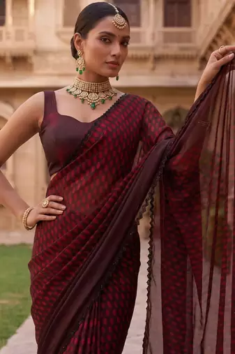 Maroon polka dot beads and stones organza designer saree