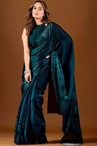 Teal floral beads and stones organza designer saree