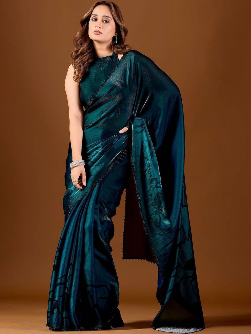 Teal floral beads and stones organza designer saree
