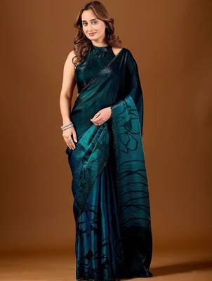 Teal floral beads and stones organza designer saree 2