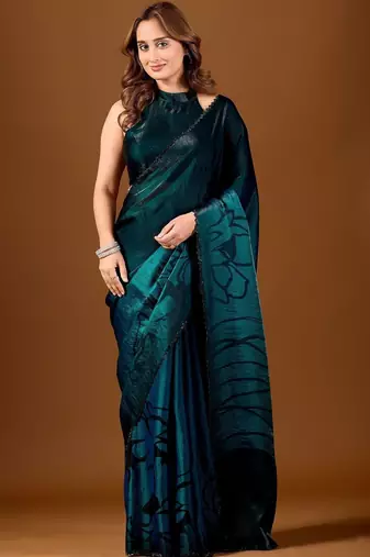 Teal floral beads and stones organza designer saree