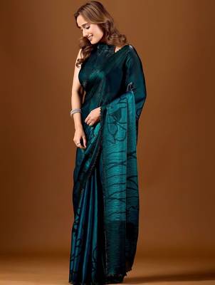Teal floral beads and stones organza designer saree 4