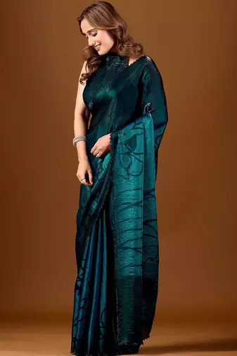 Teal floral beads and stones organza designer saree
