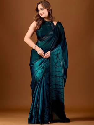 Teal floral beads and stones organza designer saree 5
