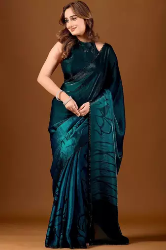 Teal floral beads and stones organza designer saree