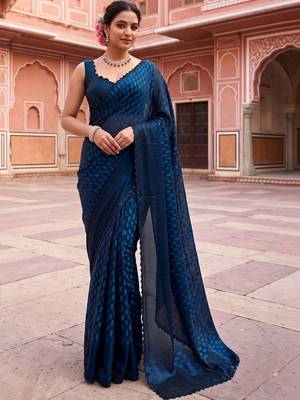 Navy blue beads and stones organza designer saree 1