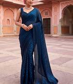 Navy blue beads and stones organza designer saree
