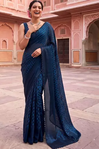 Navy blue beads and stones organza designer saree