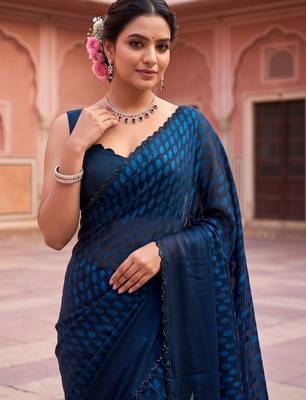 Navy blue beads and stones organza designer saree 3