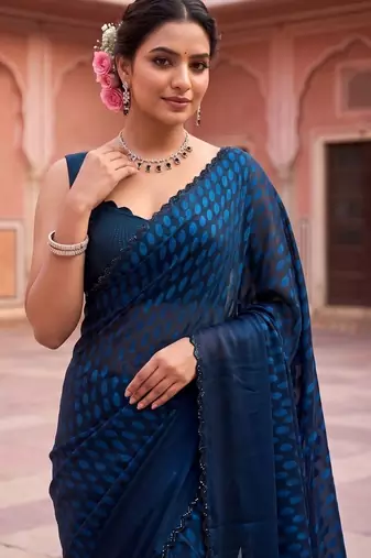 Navy blue beads and stones organza designer saree