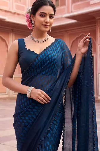 Navy blue beads and stones organza designer saree