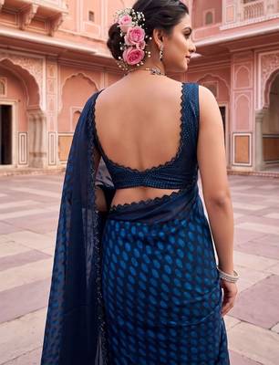 Navy blue beads and stones organza designer saree 5