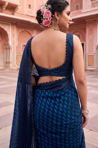 Navy blue beads and stones organza designer saree
