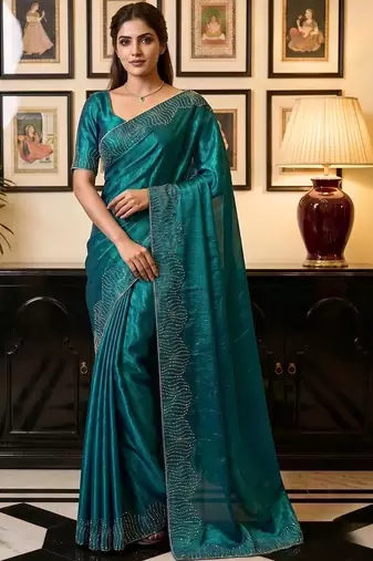 Teal women beads and stones organza saree