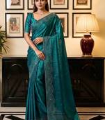 Teal women beads and stones organza saree