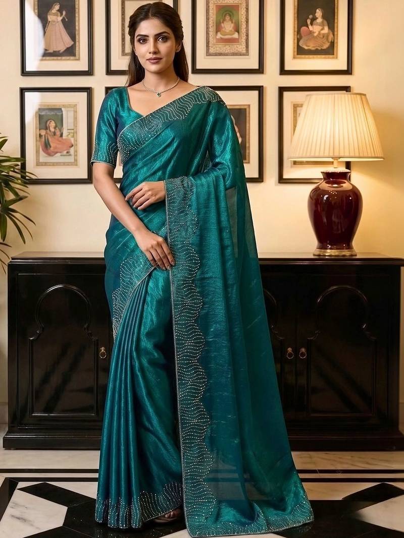 Teal women beads and stones organza saree