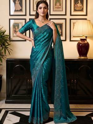Teal women beads and stones organza saree 2