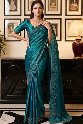 Teal women beads and stones organza saree
