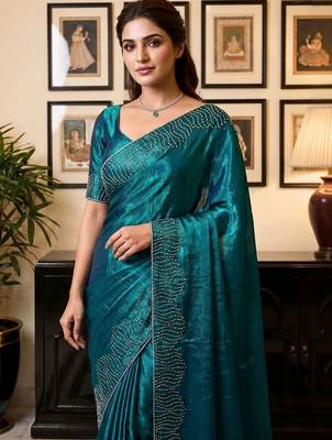 Teal women beads and stones organza saree 3