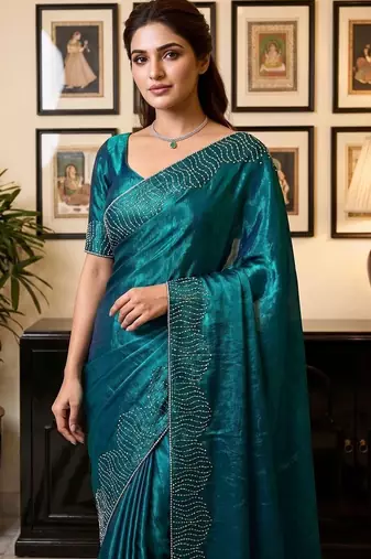 Teal women beads and stones organza saree
