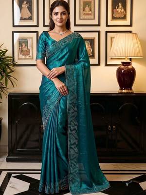 Teal women beads and stones organza saree 4