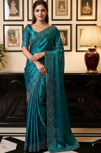 Teal women beads and stones organza saree