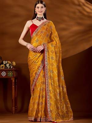Mustard bandhani embroidered organza saree 1