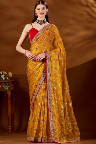 Mustard bandhani embroidered organza saree