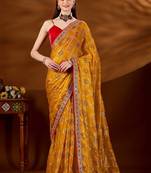 Mustard bandhani embroidered organza saree