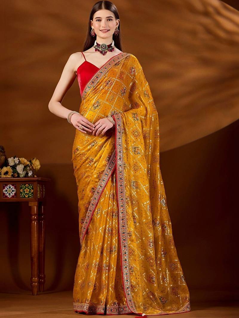 Mustard bandhani embroidered organza saree