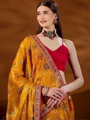 Mustard bandhani embroidered organza saree 2
