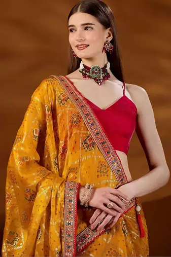 Mustard bandhani embroidered organza saree