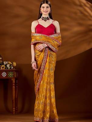 Mustard bandhani embroidered organza saree 3