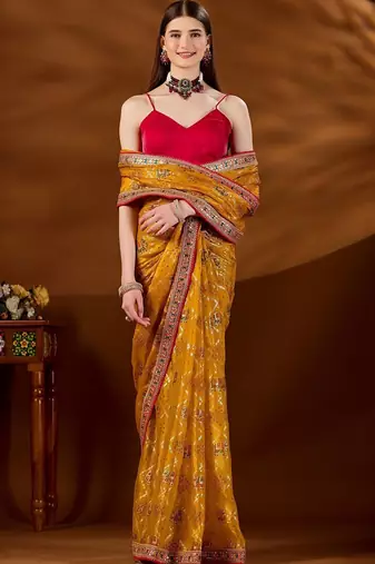 Mustard bandhani embroidered organza saree